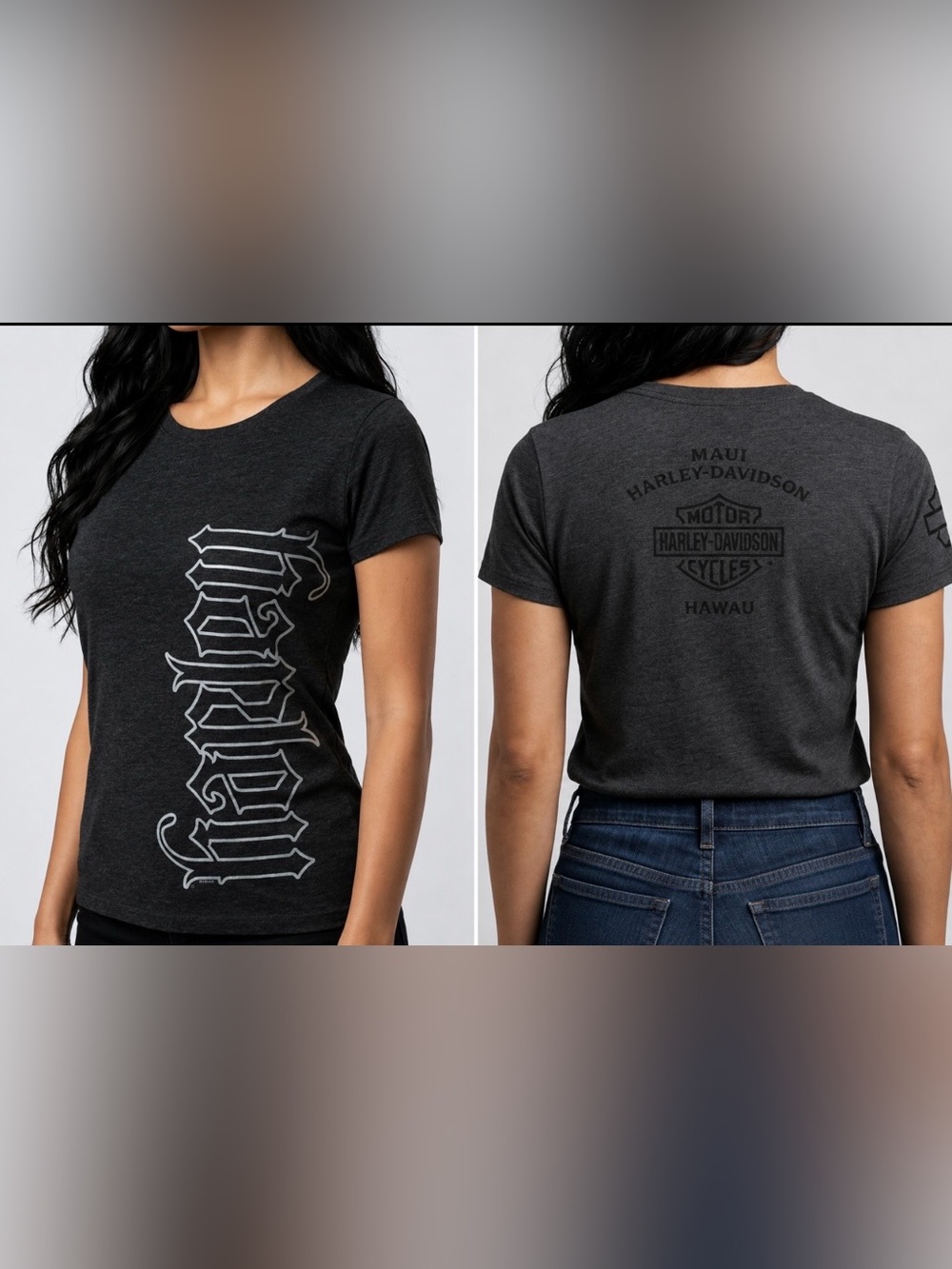 Harley-Davidson Women’s Black Tee w/Silver Logo on the Front and Hawaii on back